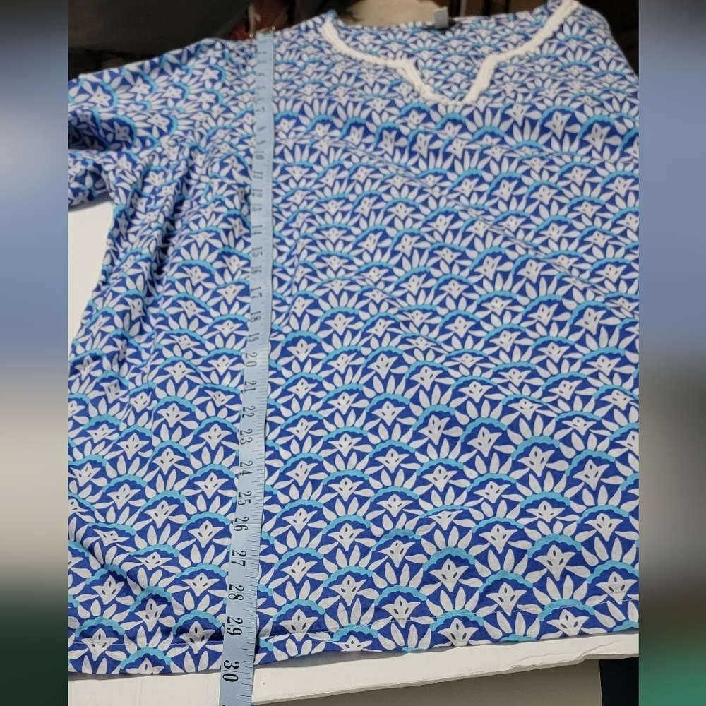 TALBOTS WOMAN 2X Blue White Cotton Scallop Tunic Blouse Top - Picture 8 of 8